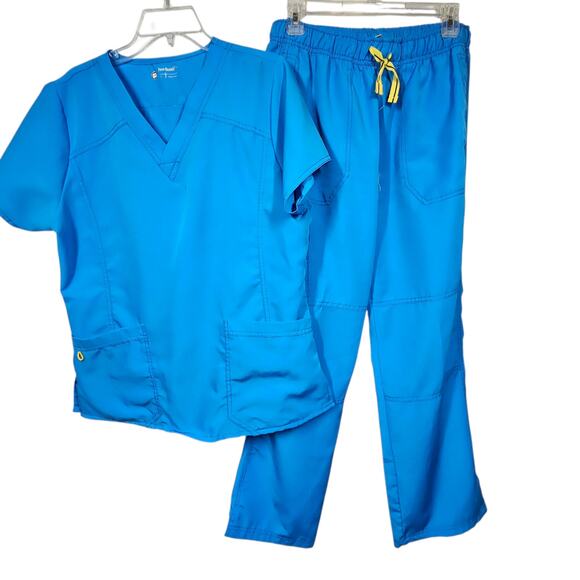 WonderWink Women's Vibrant Blue Scrub Set with Yellow Ties - Picture 1 of 11